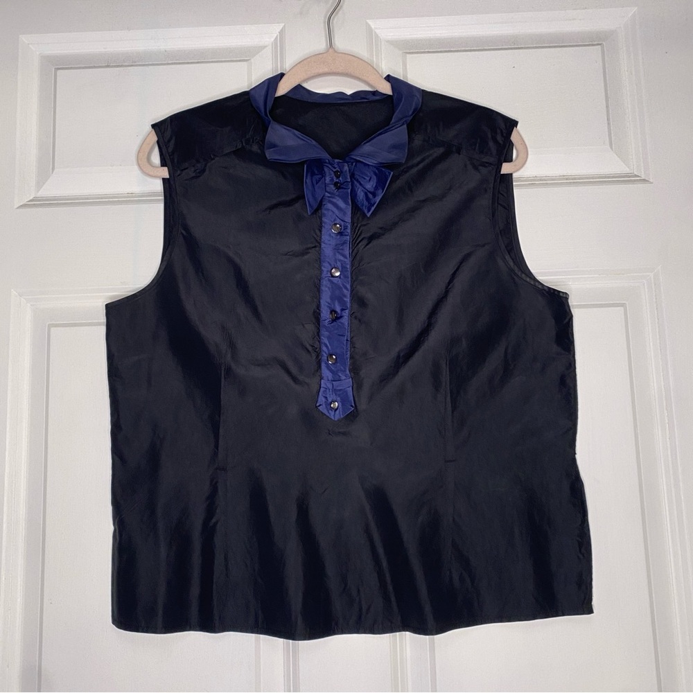 Marc Jacobs Silk Sleeveless Pearl Snap Popover Blouse Black Blue Medium/Large